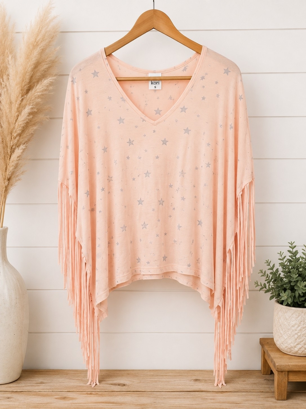 Kori Peach Fringe V-Neck Tunic with Silver Star Print